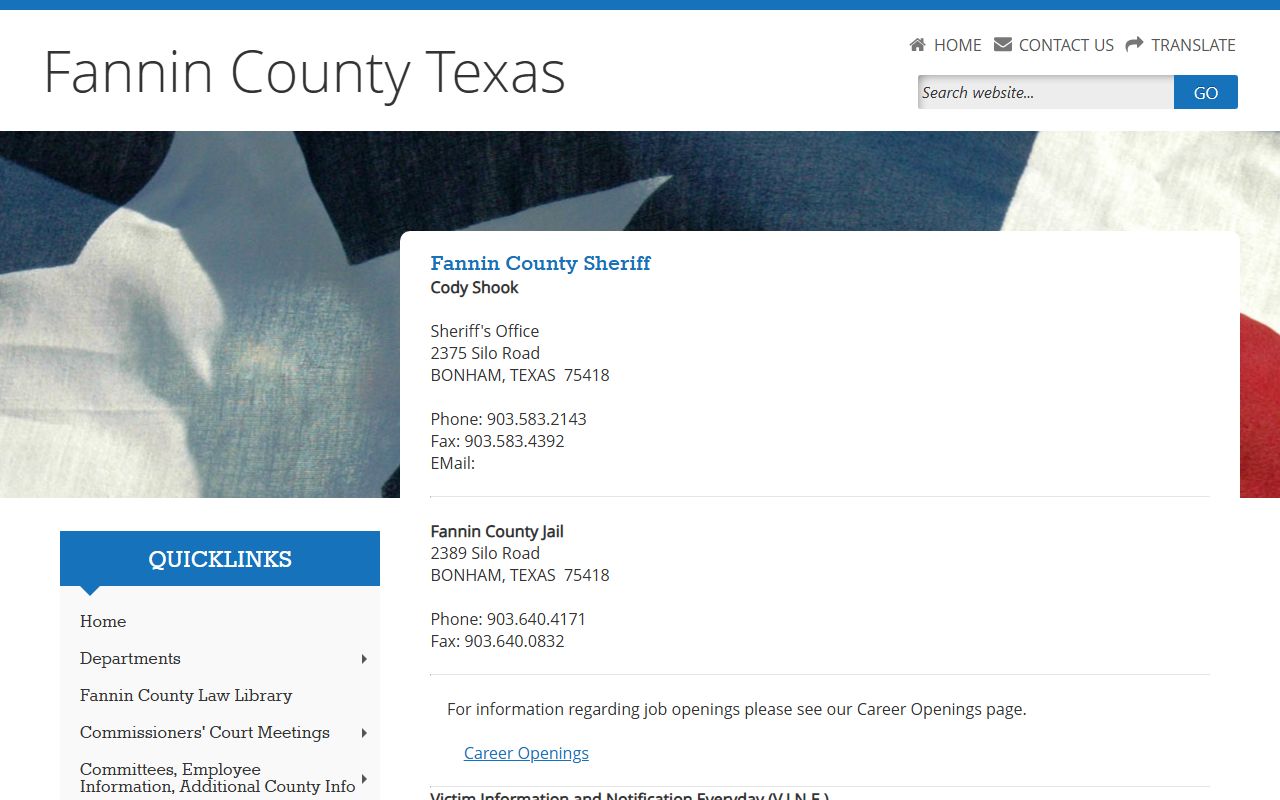 Fannin County jail contact and inmate custody information on the sheriff page