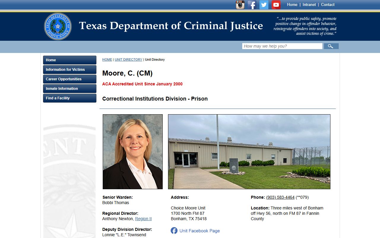Choice Moore Unit TDCJ inmate population and facility page