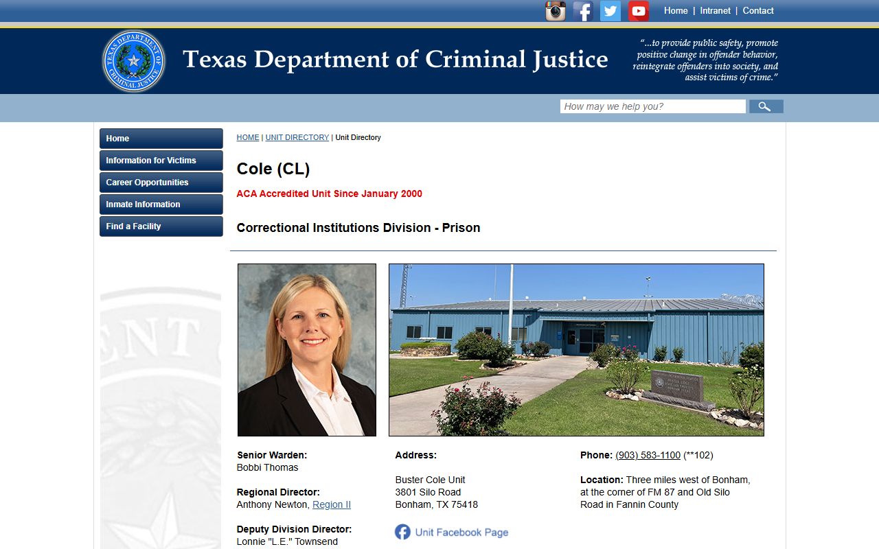 Buster Cole Unit TDCJ inmate population and facility page